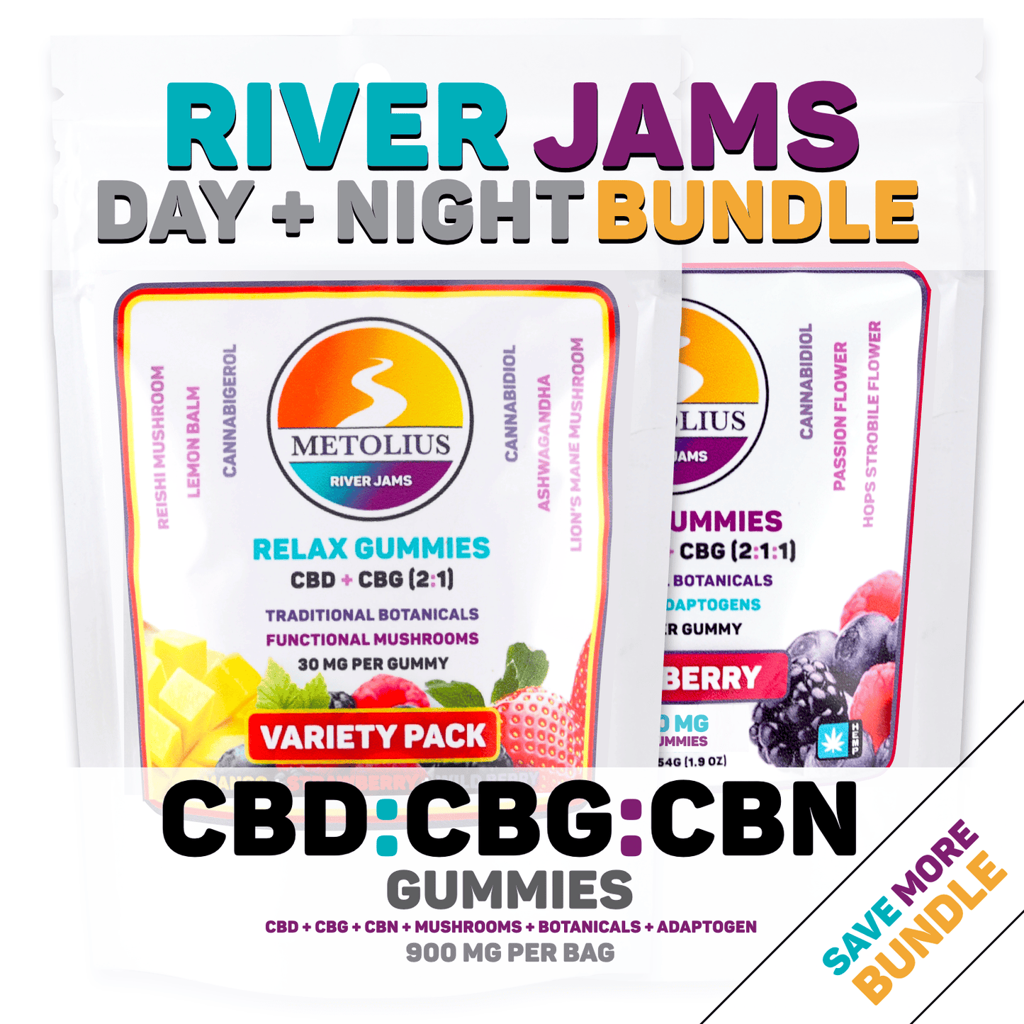 
                  
                    RIVER JAMS DAY + NIGHT BUNDLE - CBD + CBG + CBN + TRADITIONAL BOTANICALS + FUNCTIONAL MUSHROOMS + NATURAL ADAPTOGENS
                  
                